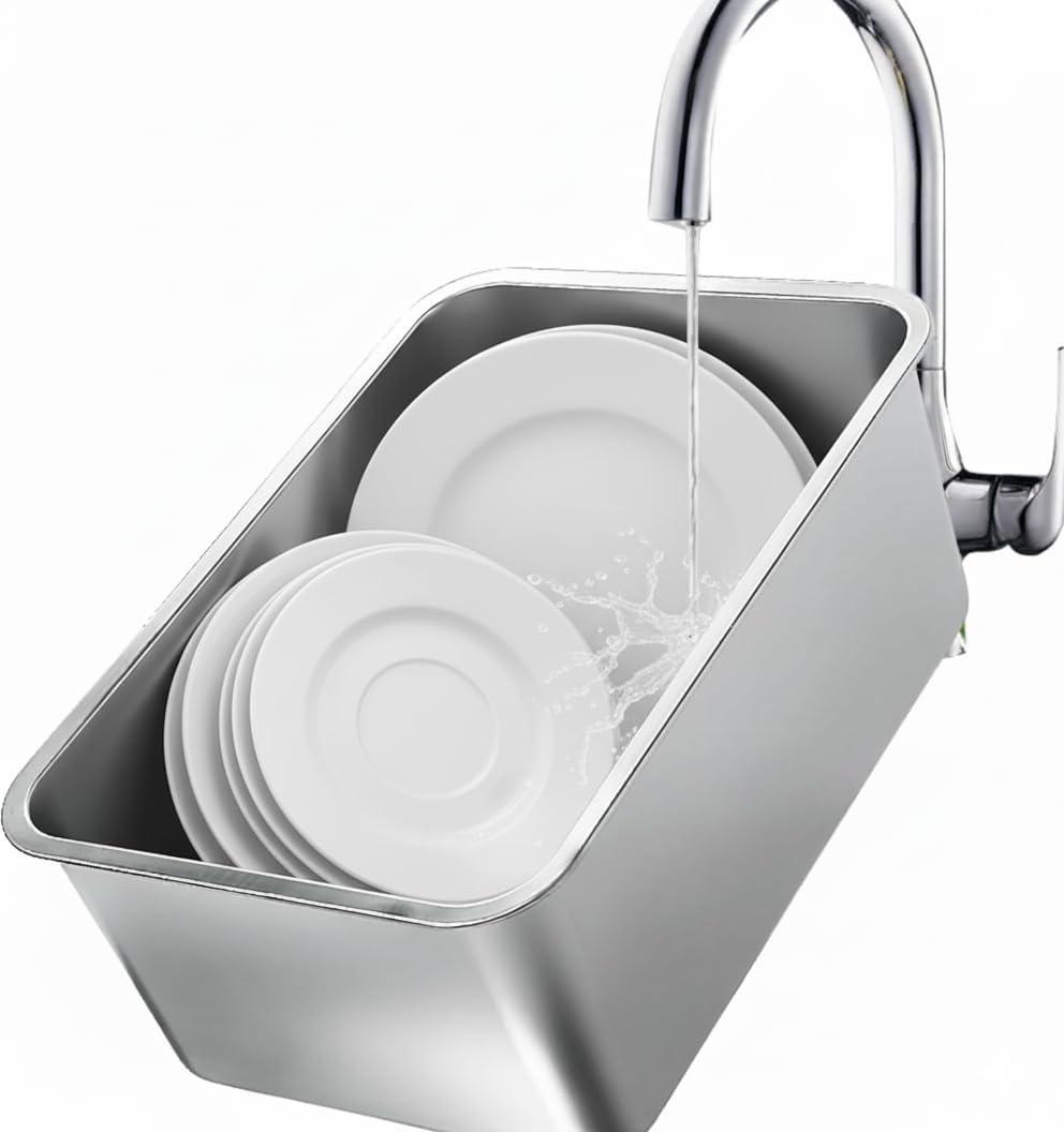 Stainless Steel Dish Basin, 18L Multipurpose Kitchen Sink Tub for Washing Dishes & Vegetables, Heavy-Duty Rust-Resistant Dishpan with Flat Base (15.74"x11.8"x5.9")