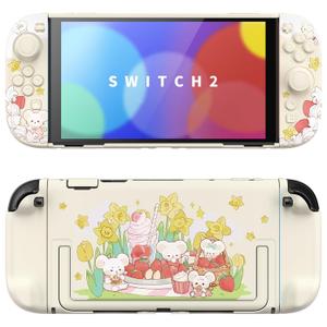 PlayVital Protective Case for Nintendo Switch 2 - Kawaii Dockable Hard Case Shell for Switch 2 with Thumb Grip & Sticker & Button Caps, Anti-scratch, Shockproof Cover Skin - Creamy Mousie Picnic