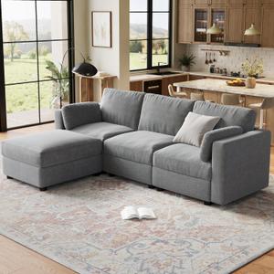 IDEALHOUSE 104" Modular Sectional Sofa, 4 Seater Sectional Couch, L-Shape Modern Sofa with Ottoman, Deep Seat, Oversized Convertible Modular Couch for Living Room Apartment Office, Chenille, Grey