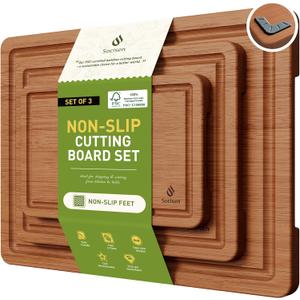 3 Packs Bamboo Cutting Board Set with Non Slip Feet and Over Sink Nice Solid Thick Wood Juice Groove Chopping Board Extra Large Big Small Best Hardwood Kitchen Counter Organic Vegetable (Brown)