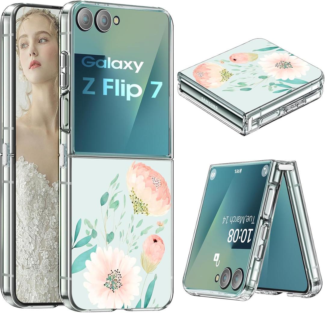 for Samsung Z Flip 7 Case Silicone Flowers Slim Transparent for Women Girls Soft TPU Shockproof Cover for Samsung Galaxy Z Flip 7 5G Phone Case Crystal Clear Case (F)