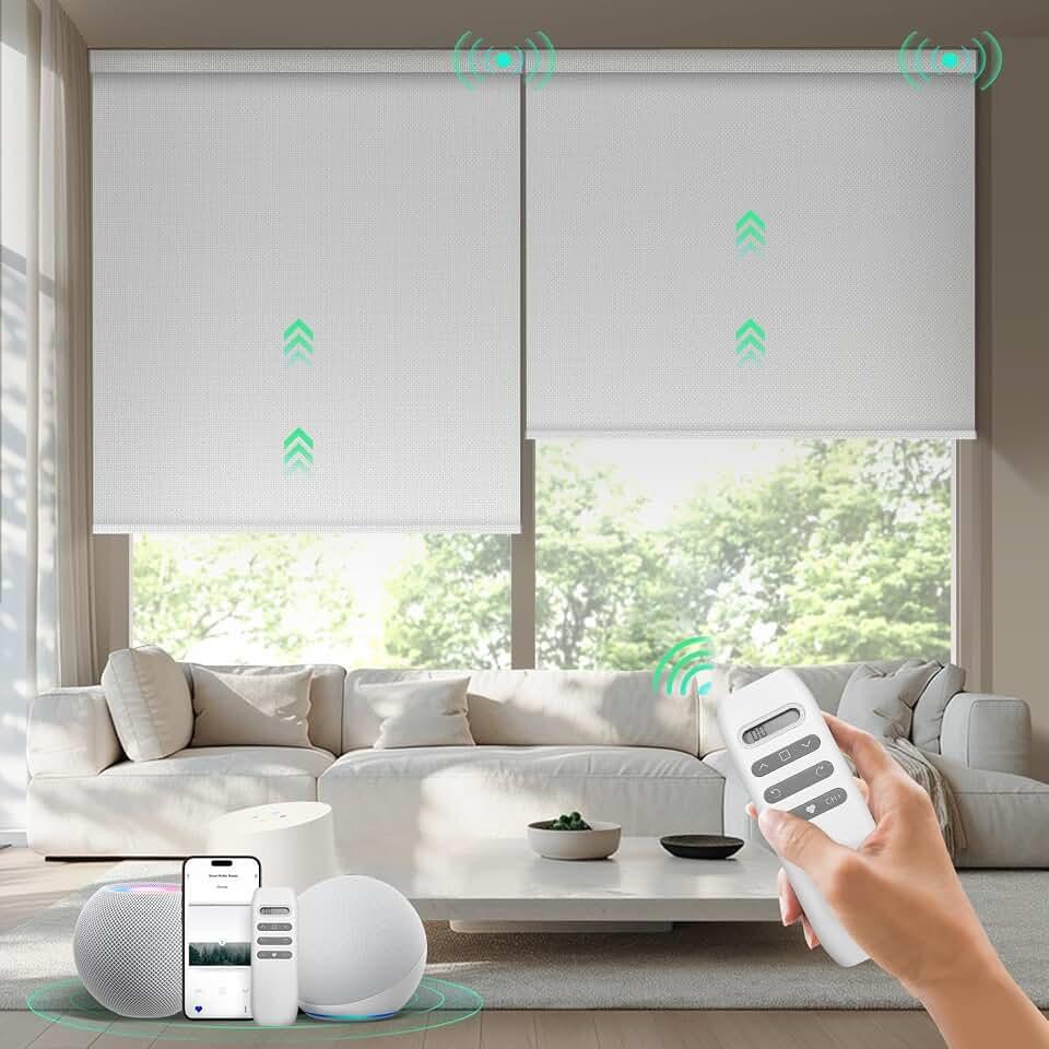 HeyBlinds Motorized Blinds with Remote, 100% Blackout Smart Blinds, Automatic Shades for Windows Compatible with Alexa Google and Homekit, Custom Size(Manner-Snow White BO)