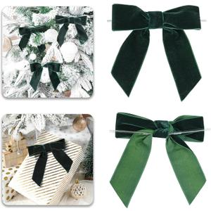 Hunter Green Velvet Ribbon Christmas Bow 5 Inch Premade Dark Green Bows for Christmas Tree Hanging Decorations Gift Wrapping Wreaths Crafts Outdoor Indoor Home Decor Wedding, Pack of 12