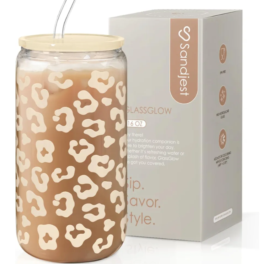 SANDJEST Leopard Glass Can, Beige Leopard Print Cup with Lid & Straw, Iced Coffee Aesthetic Cups, Gift for Christmas Birthday Mother Day, Gifts for Women, 16oz