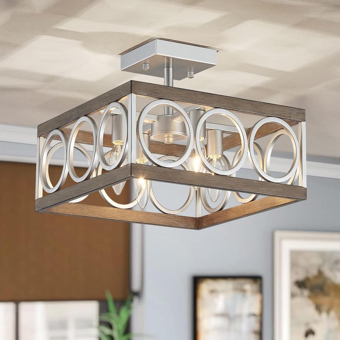 XINGQI Square Ceiling Lights 13'' Farmhouse Semi Flush Mount Ceiling Light Fixture Rustic Chandelier for Living Dining Room Bedroom, Antique Wood Grain & Brushed Nickel Finish, 4 E12 Bulbs (Wood Grain Ceiling)