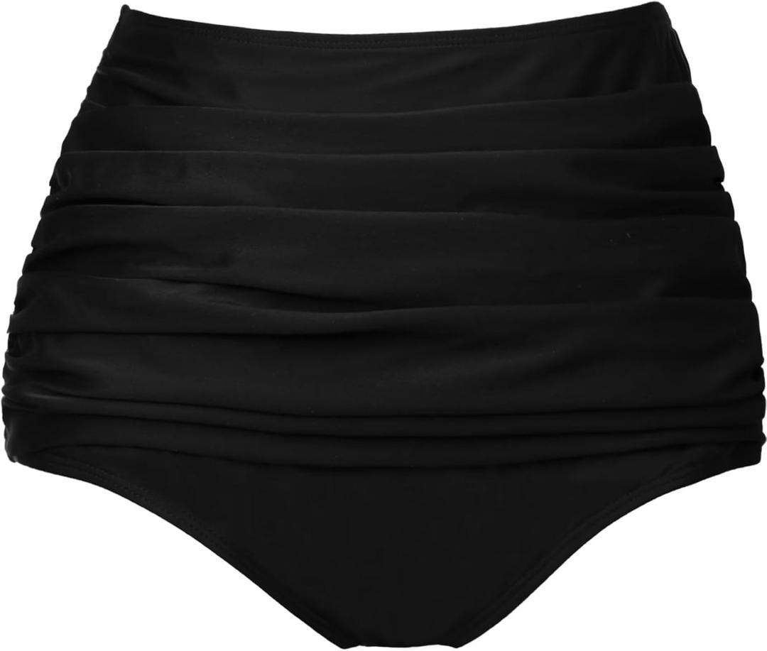 COCOPEAR Women's High Waisted Full Coverage Bikini Bottom Ruched Bathing Suit Bottoms for Women Tummy Control Swim Bottoms (Medium, Black)