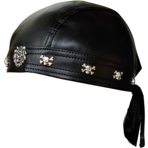 Faux Leather Biker Skull Cap Motorcycle Bandana Head Wrap Du Doo Do Rag Black Hat