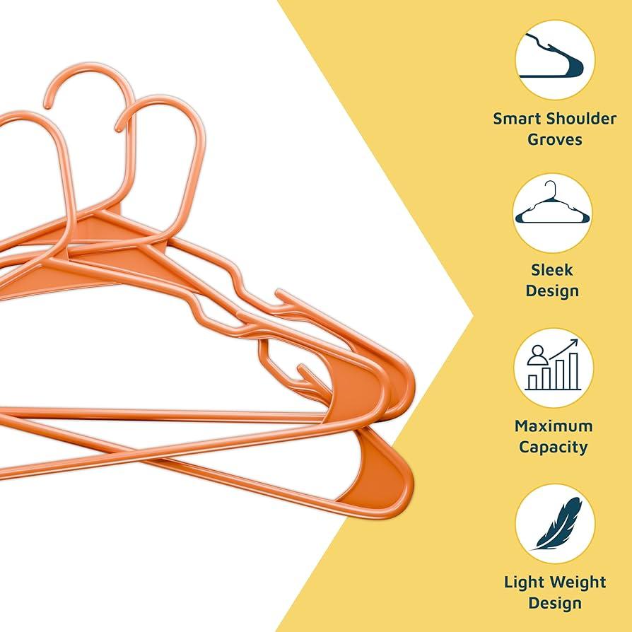 Plastic Clothes Hangers – Heavy Duty Hanger Set, for Organizing Clothes, Dresses, and Coat, Holds Up to 5 lbs, Space-Saving Hangers with Non-Slip Shoulder Grooves, Orange