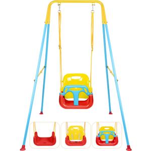 3-in-1 Toddler Swing Set, Indoor & Outdoor Baby Swing Heavy Duty Swing Set with Foldable Metal Stand for Aged 6 Months to 10 Years Old, Easy to Assemble and Store (RedBlue)