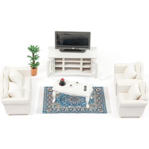 SAMCAMI Miniature Dollhouse Furniture 1 12 Scale - Wooden Dollhouse Furniture Set for Dollhouse Living Room - Doll House Furniture Incl Sofa, TV Cabinet, Coffee Table and Other Accessories (White)