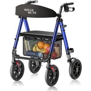 WALK MATE Rollator Walker for Seniors, 10 Inch Big Wheels, Reinforced Aluminum Frame 350lb Weight Capacity, Foldable All Terrain Rolling Walker with Seat, Lightweight Adjustable Height, Blue