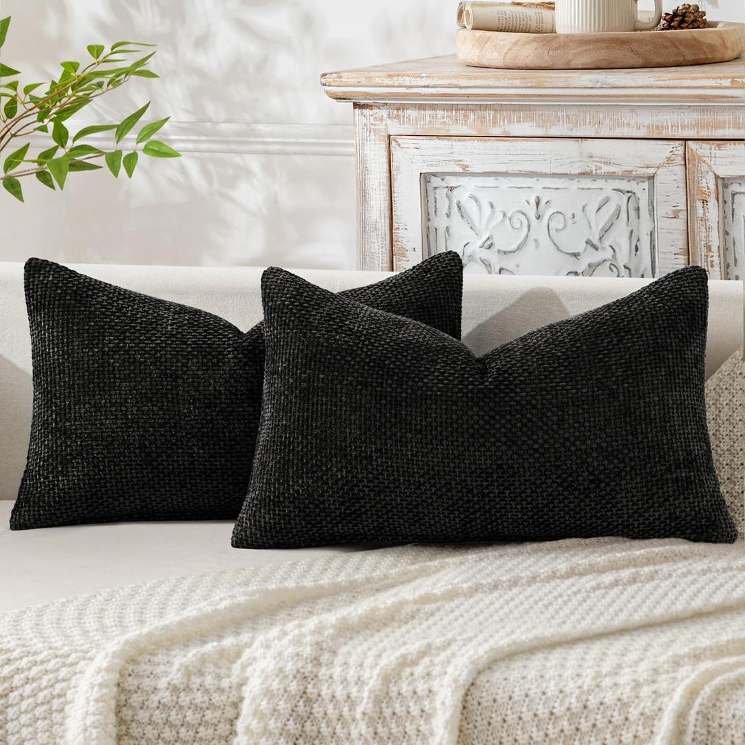 MIULEE Pack of 2 Lumbar Couch Throw Pillow Covers 20x12 Inch Black Modern Boho Accent Decorative Pillow Covers Soft Chenille Farmhouse Cushion Covers for Home Decor Bed Sofa Living Room