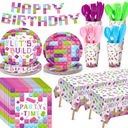 Gejoy 171 Pcs Building Block Birthday Party Supplies Tableware Kit Include Plates Cups Knives Forks Spoons Napkins Tablecloths Banner for Girls Birthday Party Decoration Serve 24 Guest (Sweet Color)