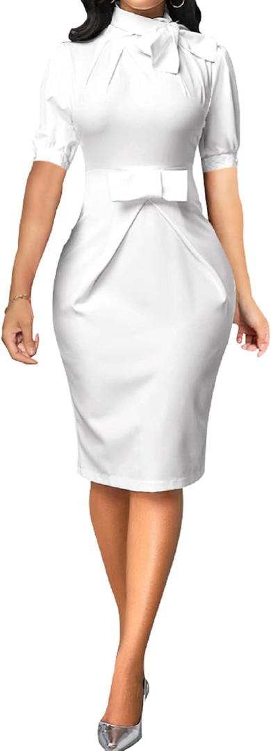 Xinlees Women's Elegant Business Dress Casual Knee Length Bodycon Pencil Dress (Large, White 5520-1)