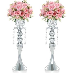 2Pcs Silver Crystal Metal Vase Set - Tulip & Trumpet Wedding Centerpieces, Artificial Flower Arrangement Vases for Home Decor, Restaurant Table Displays
