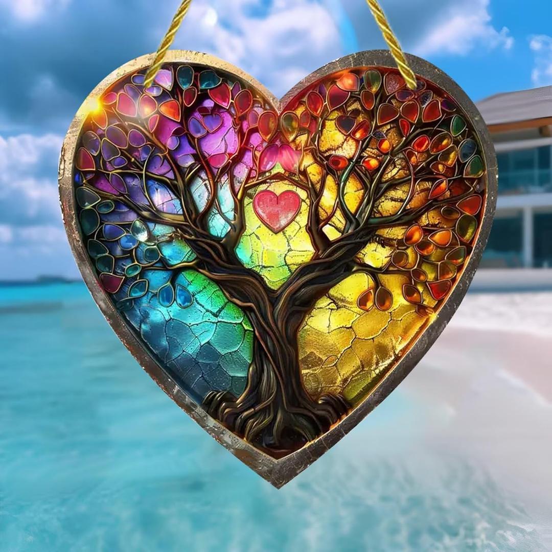 Heart-Shaped Colorful Acrylic Suncatcher Hanging, 7.08 * 7.08 Inch Rainbow Tree of Life Sun Catcher for Window, Wall Decor, Gift for Mom Women Friend (Ax-01)