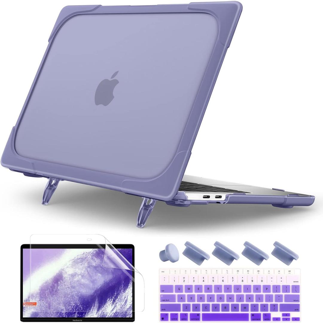Batianda Heavy Duty Case for MacBook Air 13 inch 2020 A2179 A1932 A2337 M1 Chip with Touch ID, Ergonomic Foldable Kickstand (Holds 22lbs) Matte Translucent Protective Cover Keyboard skin,Lavender Gray