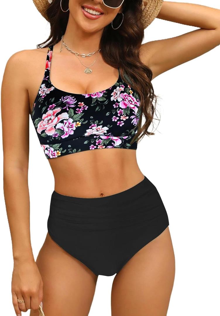Women's High Waisted Bikini Sets Sporty Scoop Neck Cross Back Bathing Suit Two Piece Swimsuits for Women (Large, Bigflowerblack)
