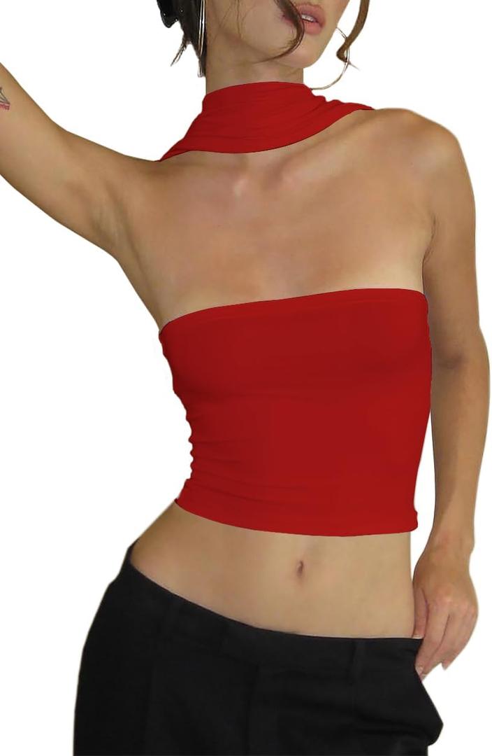 Women's Sexy Halter Tube Tank Crop Tops Strapless Slim Fitted Y2k Bandeau Top Off Shoulder Basic Cami Shirts Red L