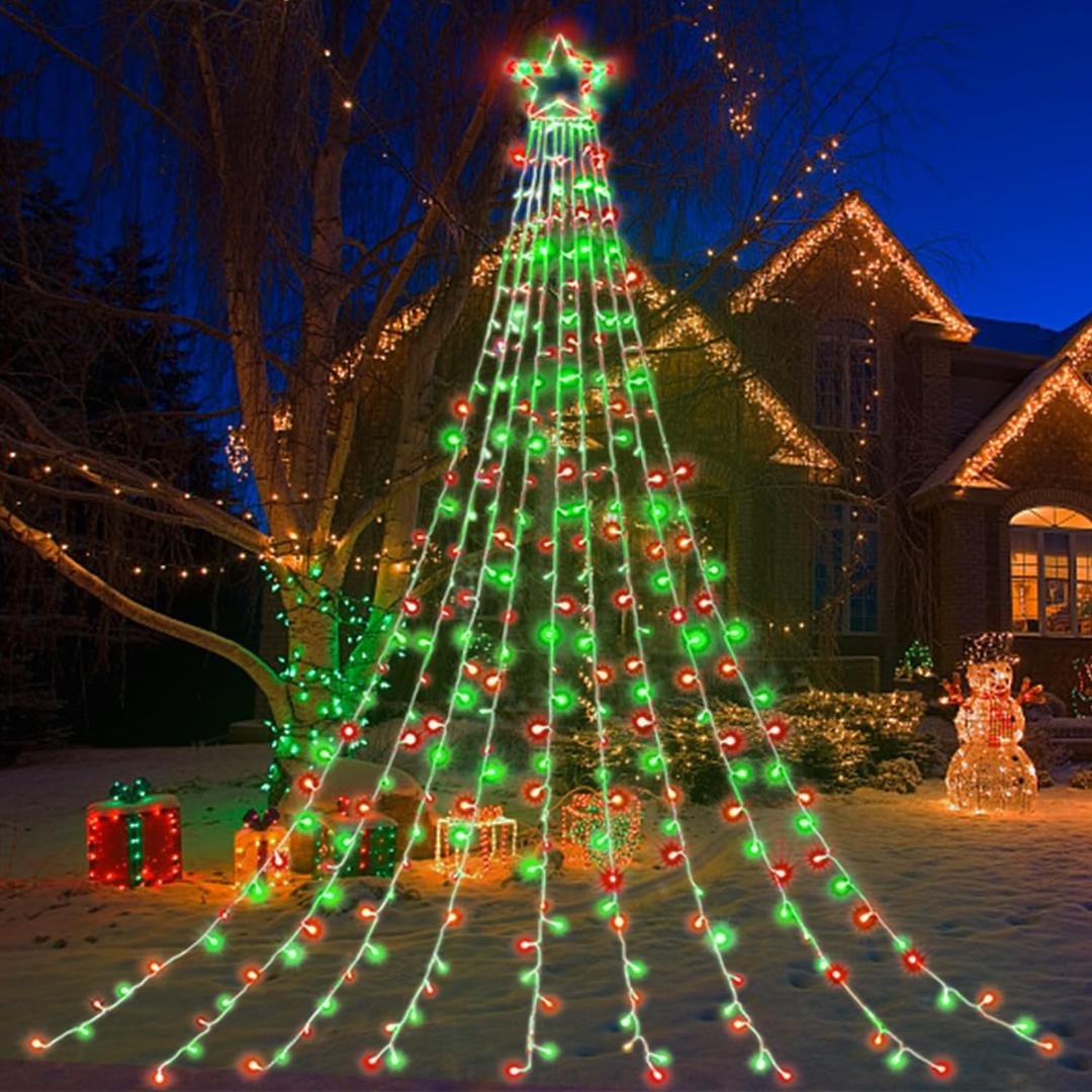 Outdoor Christmas Lights, Christmas Decoration Lights, 320 LED Christmas Tree Toppers String Lights[8 Modes & Waterproof] for Halloween Xmas New Year Holiday (Iron Star-Red & Green)