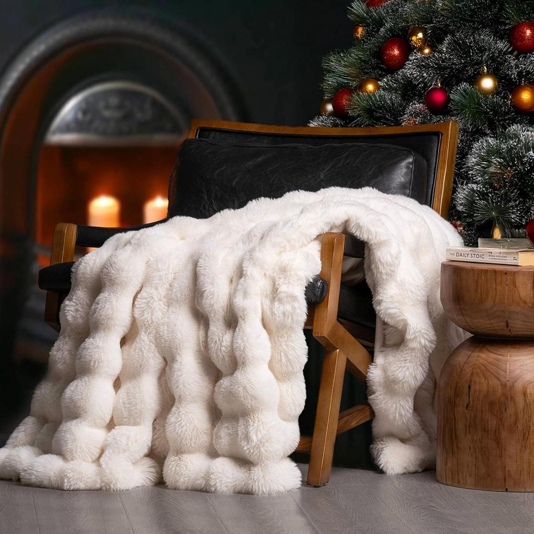 EverGrace Ultra Soft Luxury Fluffy Faux Rabbit Fur Throw Blanket, Thick Warm Bubble Throw for Bed, Cozy Plush Reversible Blankets for Couch, Chair, Sofa, Cream, 60x80 Inches