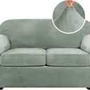 H.VERSAILTEX Real Velvet Plush 3 Piece Stretch Sofa Covers Couch Covers for 2 Cushion Couch Loveseat Covers Width Up to 72 Inch Thick Stay in Place (Medium Sofa, Sea Grass)