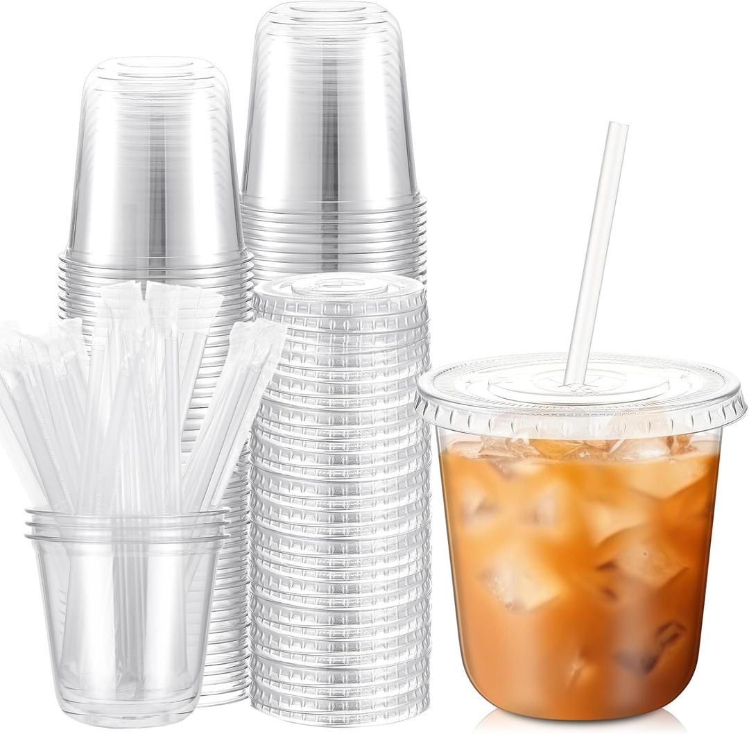 25 Sets Clear Plastic Cups with Lids and Straws, Disposable Iced Coffee Cups for Drinking, Cold Drinks, Juice, Smoothie, Pet Cup for Coffee Shops, Party, Christmas (10 oz)