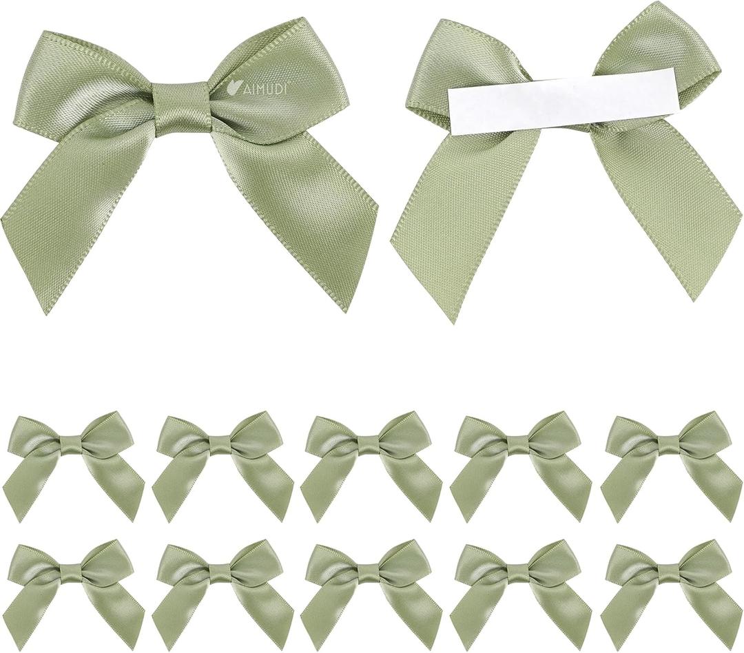 AIMUDI Sage Green Satin Premade Bows, 2" with Double-Sided Tape, 50 Count, Multi-purpose Occasions, Wedding, Baby Shower, Birthday Party