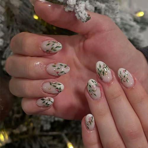 24Pcs Christmas Holly Leaf Press on Nails Short Almond Ombre Fake Nails with Designs French Tip Glue on Nails Winter Acrylic Stick on Nail Full Cover Xmas False Nail for Women DIY Holiday Manicure