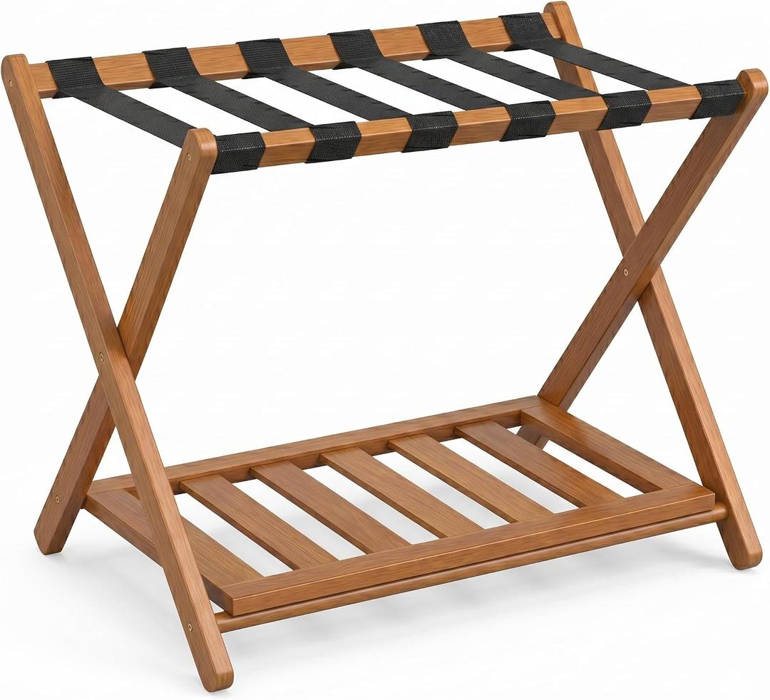 BAMBOOHOMIE Bamboo Luggage Rack for Guest Room, Wide Suitcase Stand with Storage Shelf, Folding Luggage Stand Holder for Bedroom Hotel, 26.77" Thickened Luggage Rack for Suitcases, Tea brown