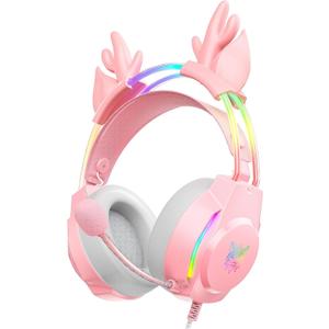 Gaming Headset with Microphone, Deer Ears Headphones for PC Laptop PS4 PS5 Xbox Switch, Rainbow RGB Lighting & Virtual Surround Sound, 3.5mm Over Ear Headphones, Ergonomic
