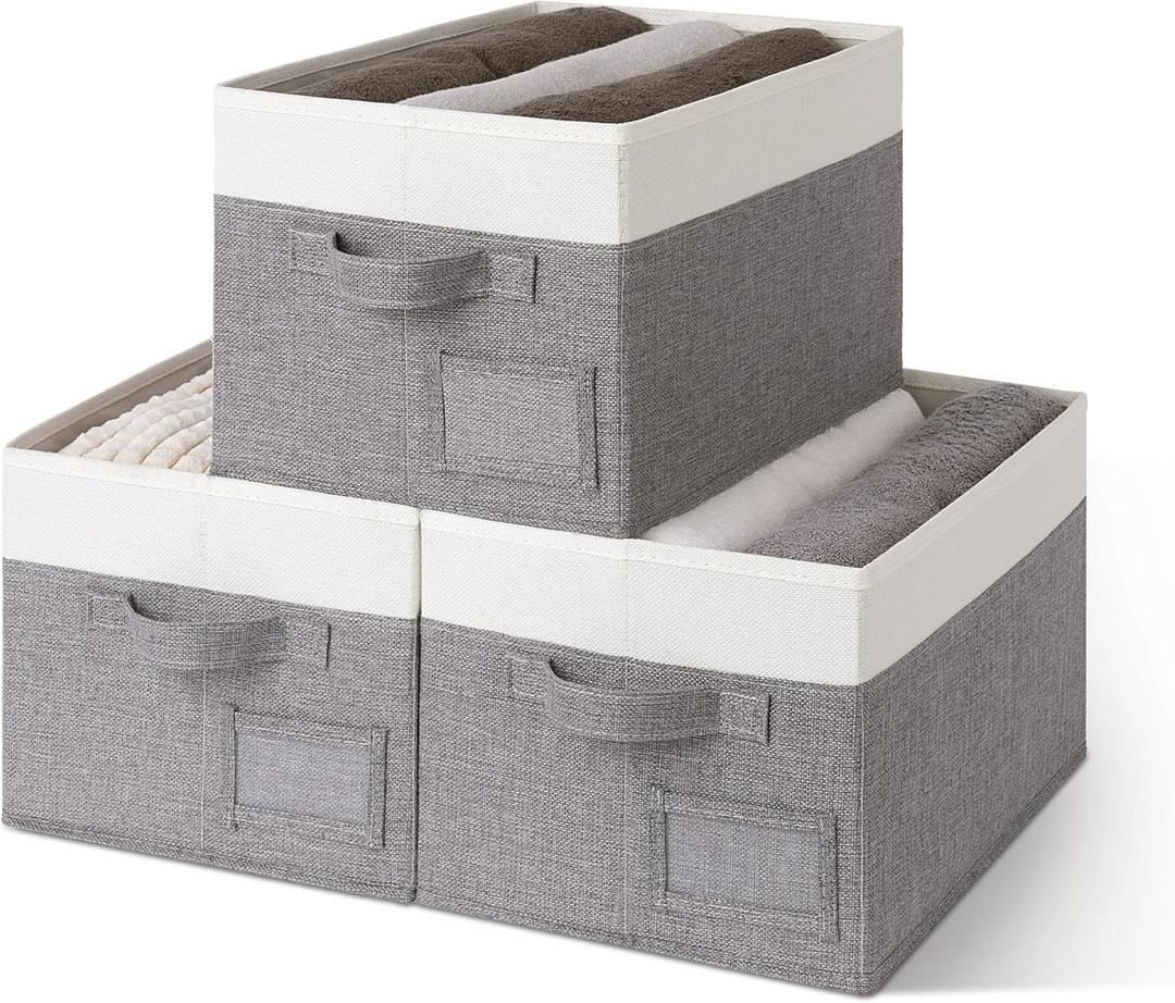 GRANNY SAYS Fabric Storage Bins, Closet Storage Bins for Clothes, Shelf Storage Baskets with Handles, Collapsible Storage Boxes, Decorative Storage Containers, Gray and White, Large, 3-Pack