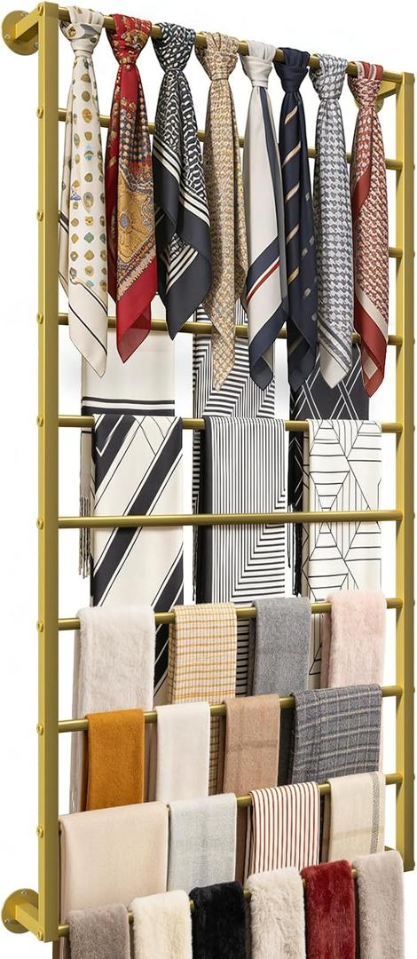 Wall Mounted Scarf Rack, Gold Silk Scarves Hijab Hanger Organizer Metal Racks Wrapping Tissue Paper Ribbon Holder Towels Storage Display for Flower Shop Retail Store (Gold, 10T-23.647.2IN)
