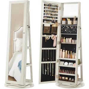 SONGMICS 360 Swivel Jewelry Cabinet, Lockable Jewelry Organizer with Full-Length Mirror, Rear Storage Shelves, Interior Mirror, Jewelry Armoire, Gift Idea, White with Gray Wood Grain UJJC006W01