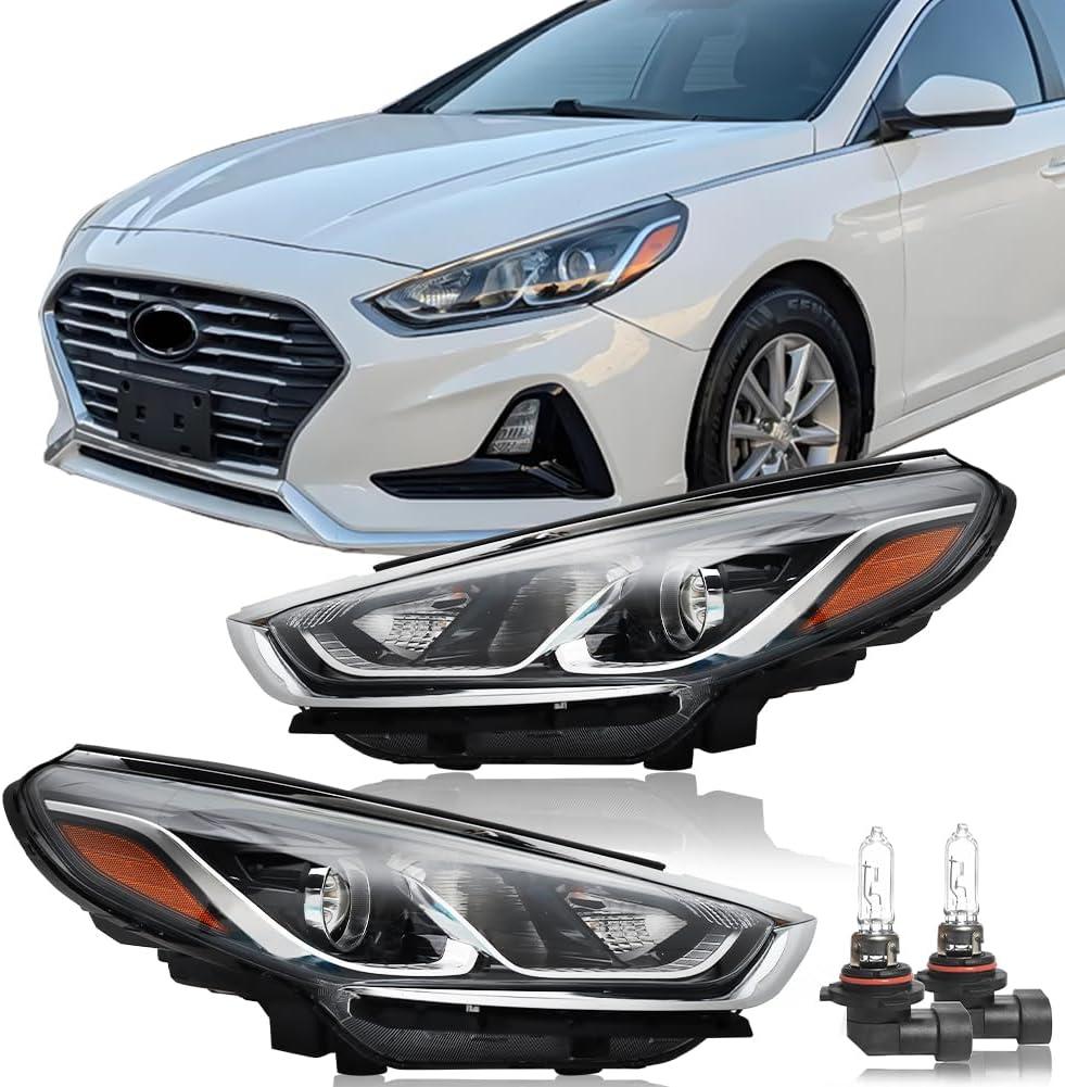 Headlights Assembly for 2018 2019 Hyundai Sonata Halogen Headlamp w/Bulbs, Passenger & Driver Side Head Lamps, 1 Pair, OEM# 92101-C2500, 92102-C2500