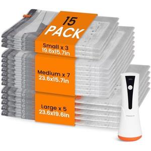 Vacuum Seal Bags for Clothing Travel with Rechargeable Cordless Pump, 15 Pack Compression Space Saver Bags for Packing, Luggage and Seasonal Storage