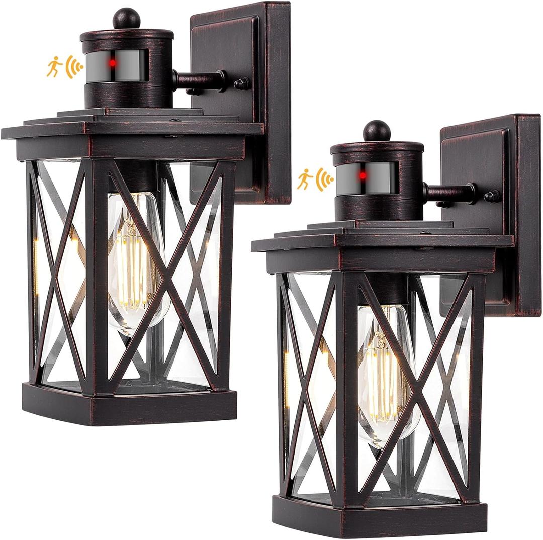 Motion Sensor Outdoor Lights Wall Mount, 2 Packs Brown Dusk to Dawn Waterproof Outside Wall Lights for House, 100% Anti-rust Aluminum Exterior Light Fixtures Wall Lanterns for Porch Garage Patio
