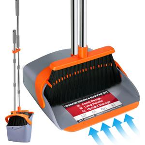 Upgraded Broom and Dustpan Set, 52" Long Handle Standing Combo with Self-Cleaning Teeth  Perfect for Pet Hair, Kitchen, Office, Home, Indoor & Outdoor Cleaning(Orange & Gray)