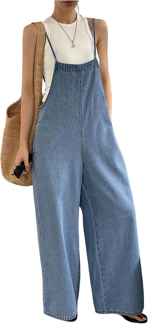 RoseSeek Women's One Piece Sleeveless Wide Leg Denim Jumpsuit Y2K Casual Bow Backless Loose Jean Overalls Dark Wash X-Large