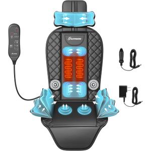 Back Massager with Heat & Traction & Vibration, Seat Massager Pad for Pain Relief Deep Tissue, Lumbar Traction, PU Leather, Foldable, for 5 to 61, Massage Chair Pad for Office Home (Dark Black)