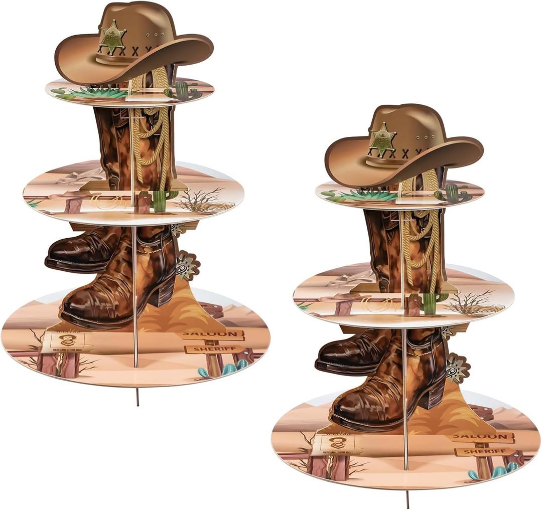 2 Pack Western Cowboy Cupcake Stand 3 Tier Cowboy Birthday Cupcake Holder Dessert Tower Western Theme Party Decorations for Wild Baby Shower Birthday Party Supplies
