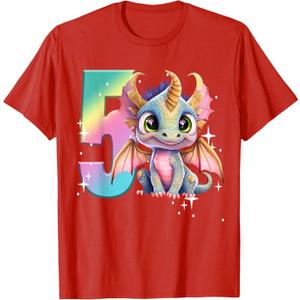 5th Birthday Shirt Girl Dragon Birthday Outfit Rainbow Five T-Shirt (Red), Size XS