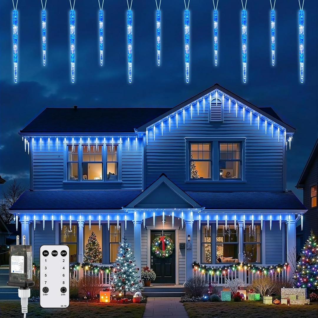 Brightown Icicle Lights for Outside with Remote, 20ft 100 LED 20 Tubes Connectable Ice Shape Hanging Christmas Lights for Tree Patio Roof Holiday Decor, Blue and White