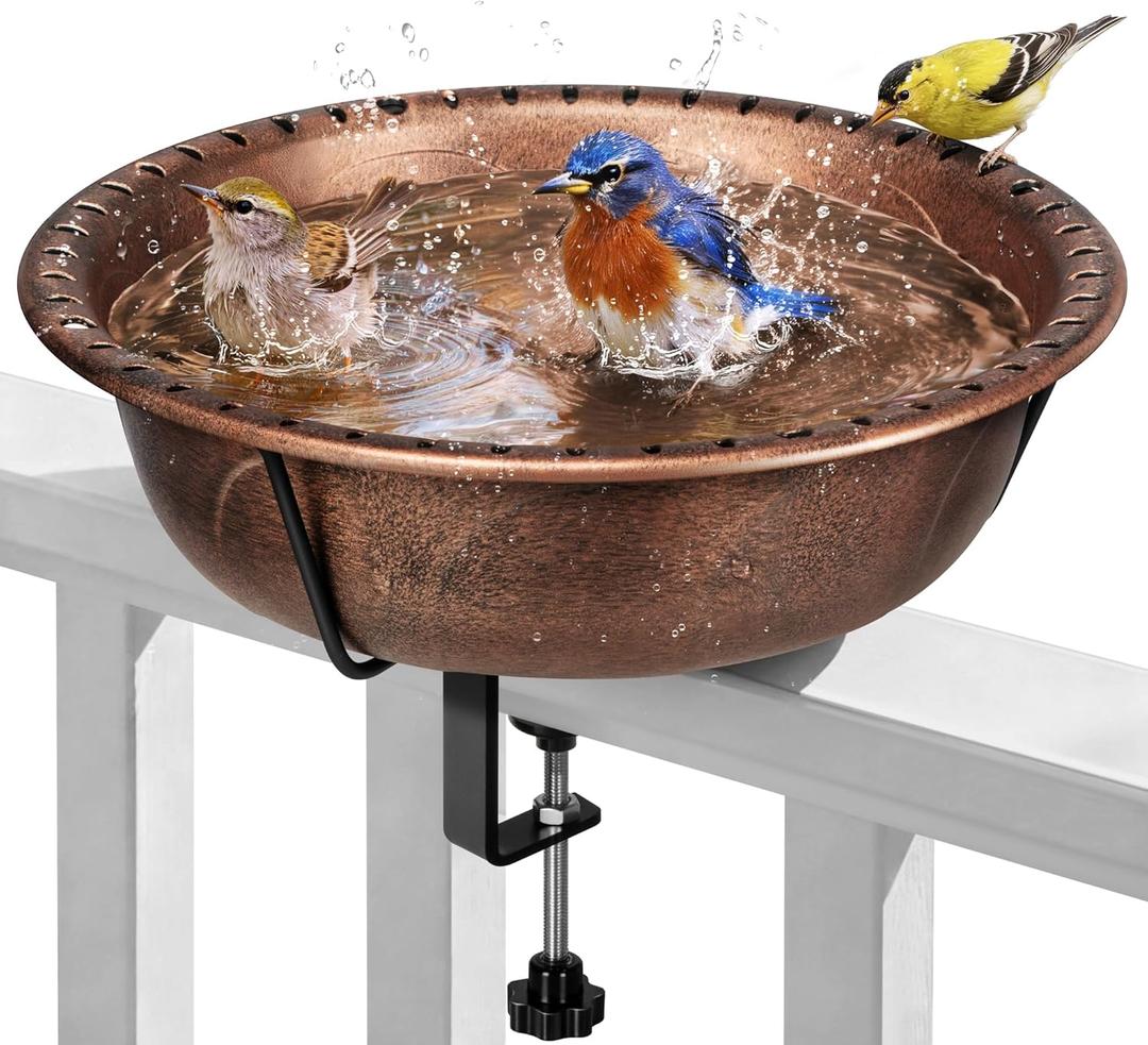 VIVOHOME Deck Mounted Bird Bath for Outside, Weather-Resistant ABS Bird Bath and Feeder with Adjustable Metal Clamp for Railing, Fence, Balcony, 1.45 Gallons, Bronze