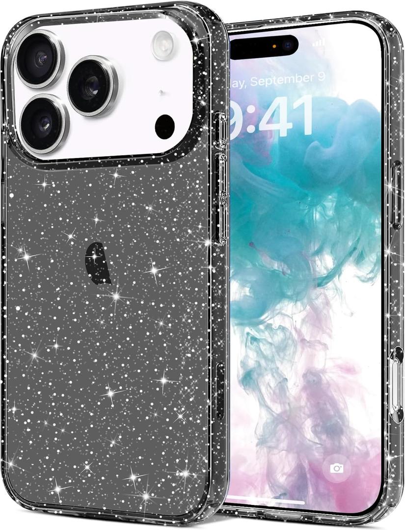 JJGoo Compatible with iPhone 17 Pro Max Case Clear Glitter, Sparkle Soft TPU Transparent Shockproof Women Girls Slim Bling Sparkly Bumper Cover Phone Cases, Black