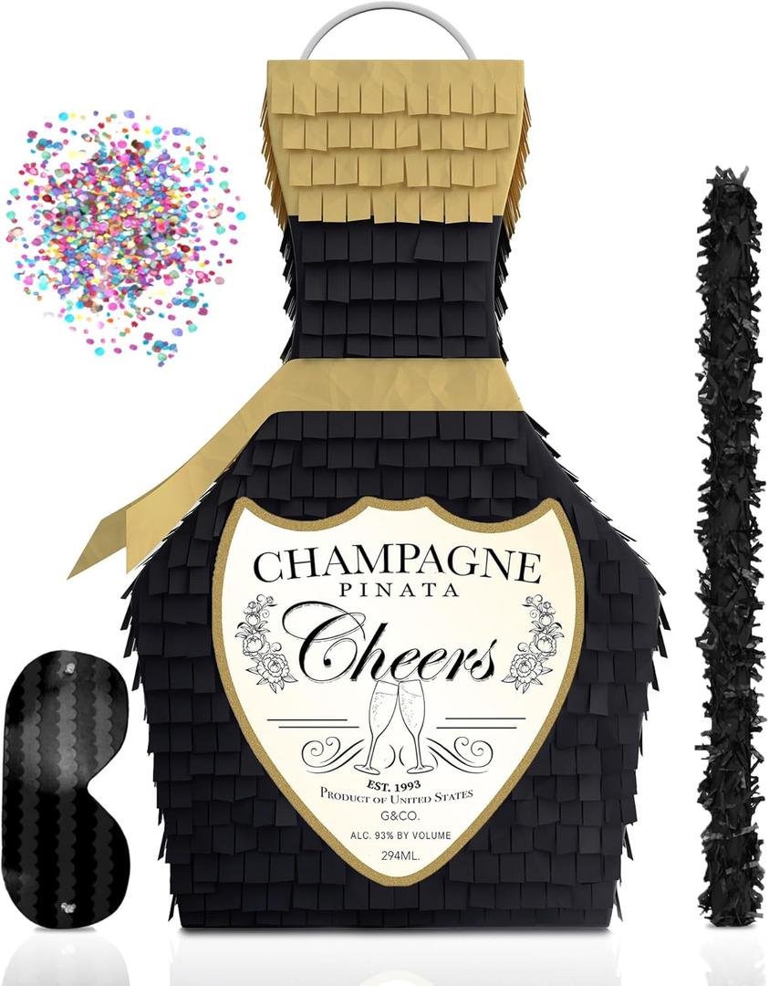 Black and Gold Champagne Piata with Stick 17X10X5 great for 21st Birthday, Decorations, Graduation, New Years & Wedding Props - Fits party favors