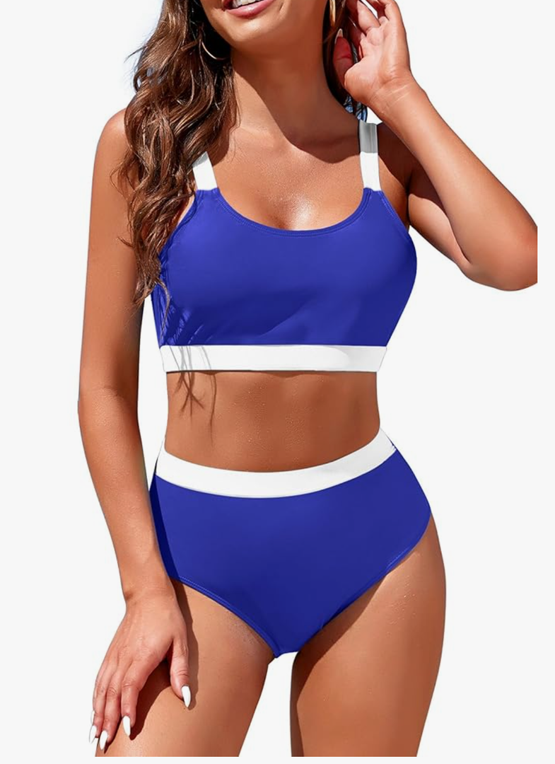 Womens High Waisted Bikini Sets Sporty Crop Top Color Block Swimwear Bandeau Scoop Neck Vintage Two Piece Bathing Suits, Small