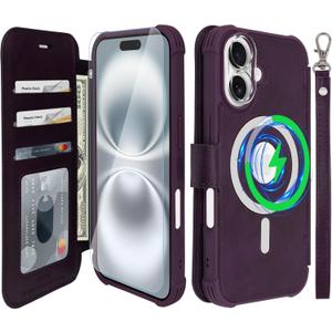 VANAVAGY Compatible for iPhone 16 Wallet Case for Magsafe Wireless Charging, PU Leather Flip Folio Wrist Strap [Screen Protector & Camera Lens Protector] with RFID Block Card Holder,Purple
