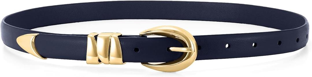 WHIPPY Women Skinny Leather Belt for Jeans Pants Dresses Ladies Fashion Waist Belt with Shiny Gold Buckle (M: Fit Waist Size 30-34", Navy Blue)