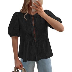 KIRUNDO Peplum Tops for Women 2026 Summer Eyelet Tie Front Blouses Casual Short Lantern Sleeve Cute Y2K Lace Babydoll Shirts (Black, S)